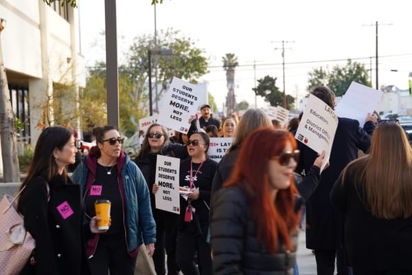 SAUSD staff outside the District headquarters protesting against layoffs. (Daniel Diaz/The Santanero)